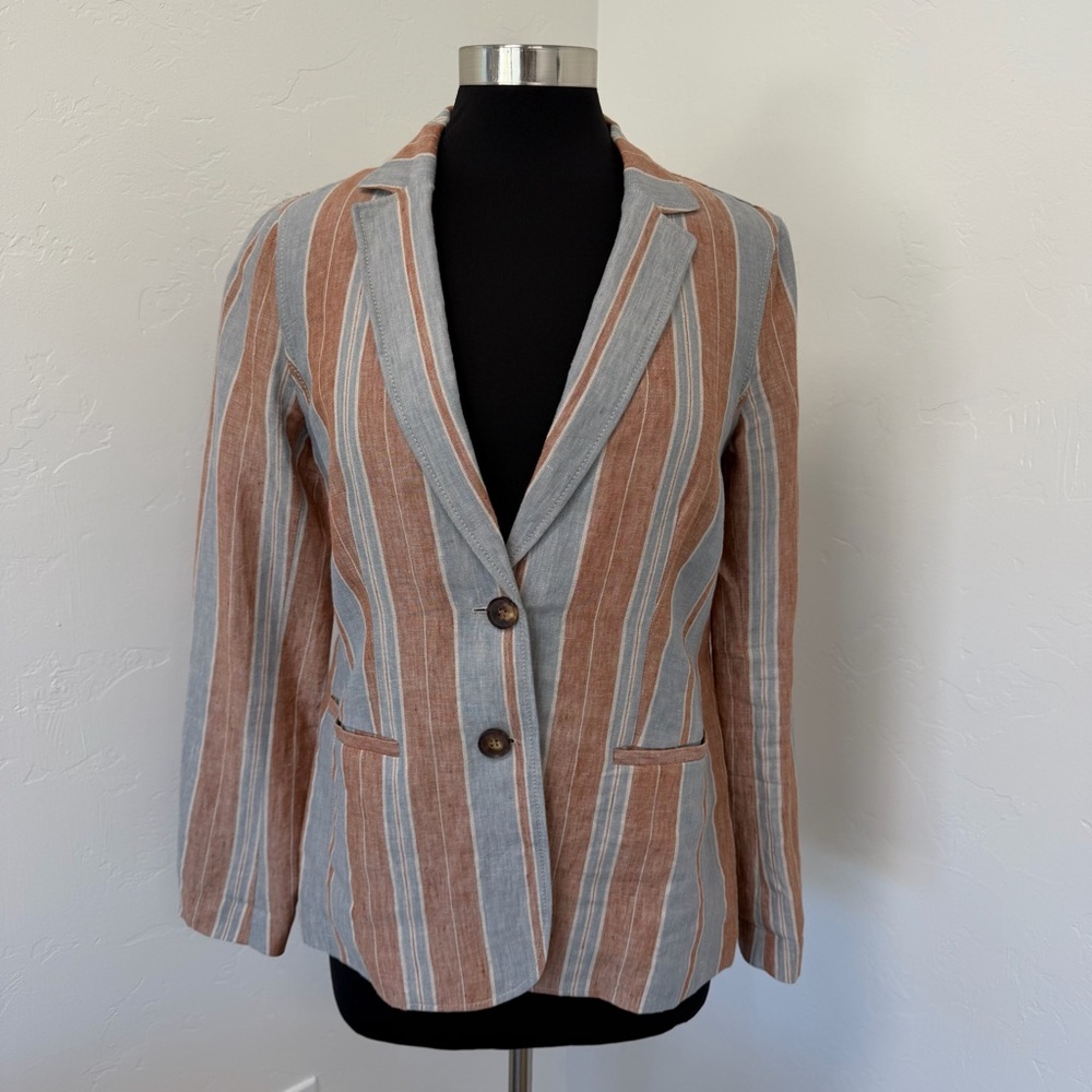Lafayette 148 New York Linen Striped Two-Button in Rust Light Blue Blazer Size 4